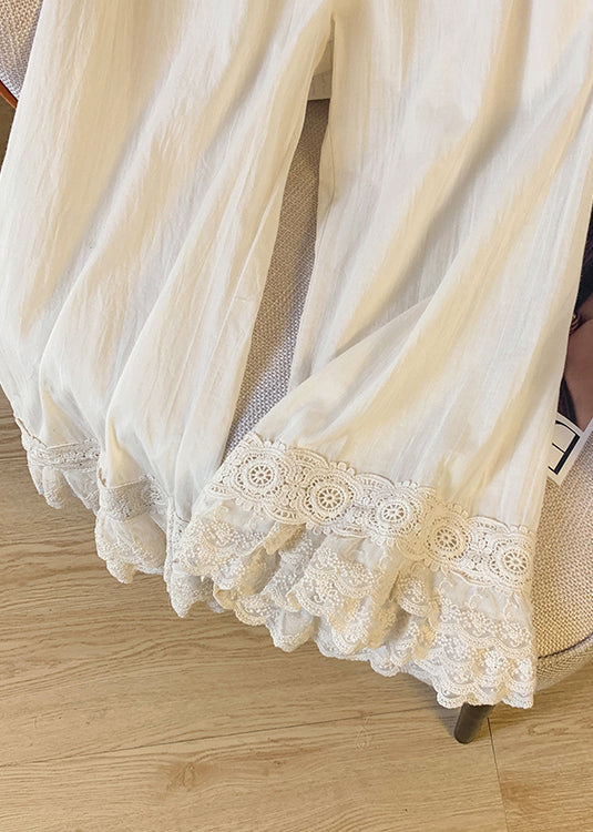 Pantalon unique patchwork dentelle élastique droit beige été taille
