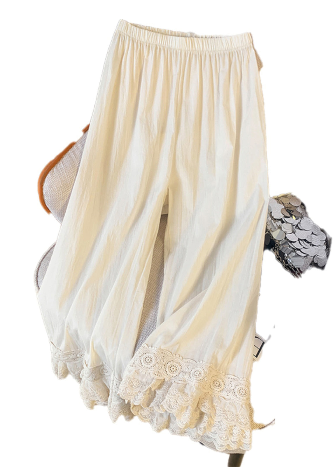 Pantalon unique patchwork dentelle élastique droit beige été taille