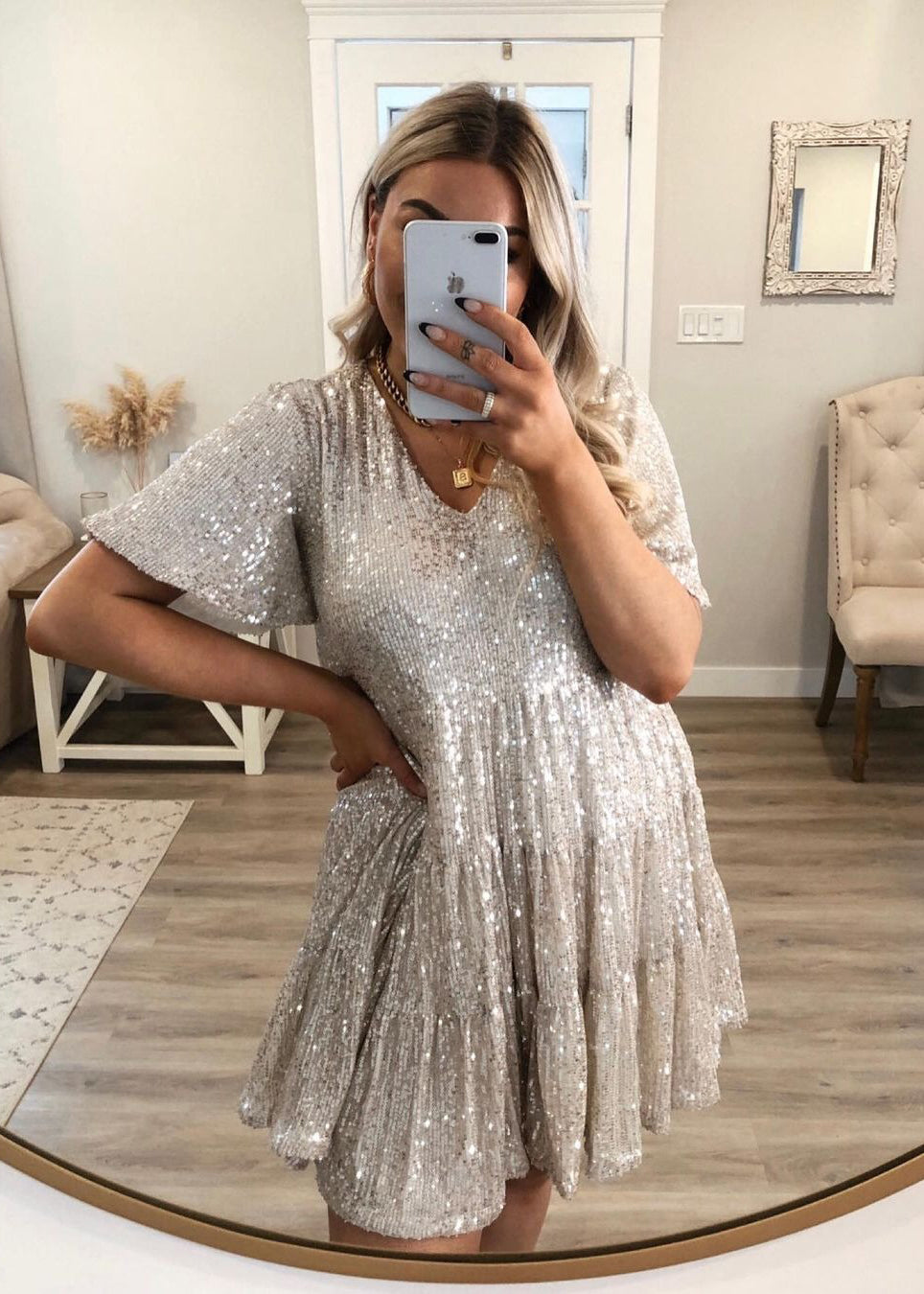 Robe mi-longue d'été surdimensionnée à paillettes beige unique