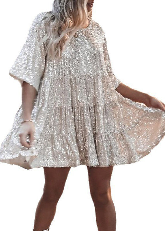 Robe mi-longue d'été surdimensionnée à paillettes beige unique