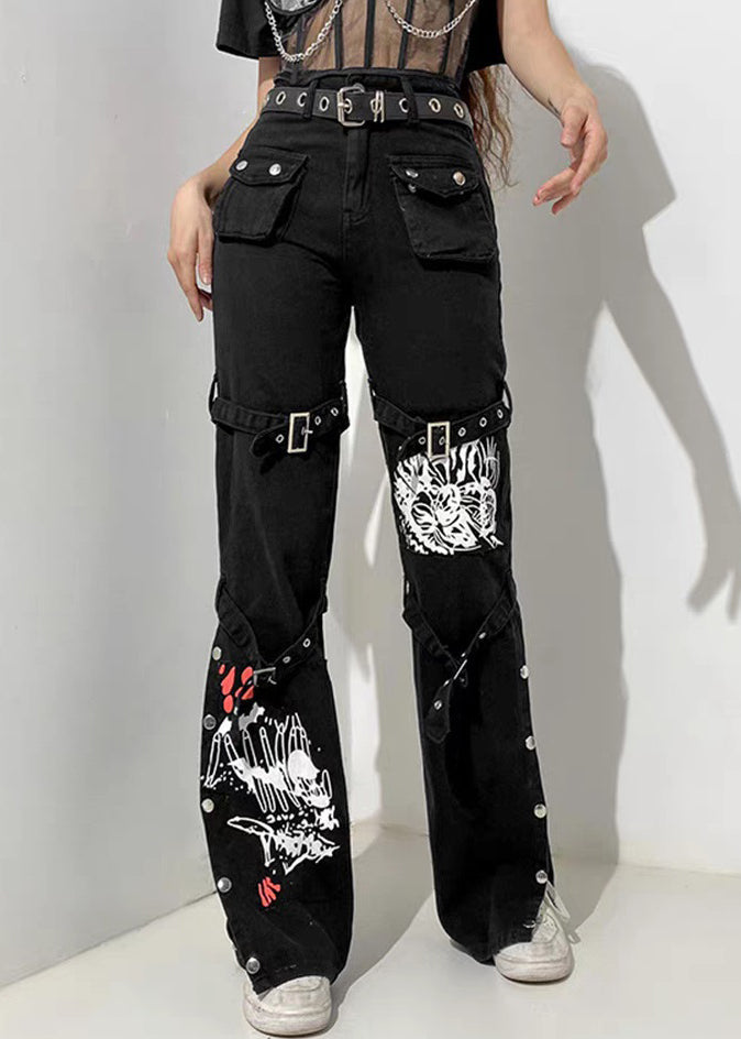 Pantalon en jean noir imprimé été poches uniques bouton