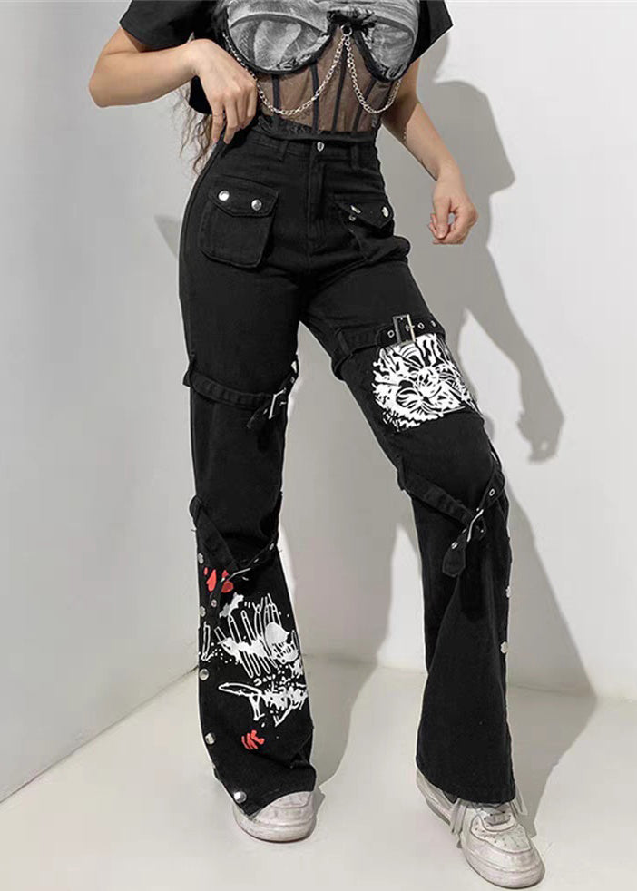 Pantalon en jean noir imprimé été poches uniques bouton