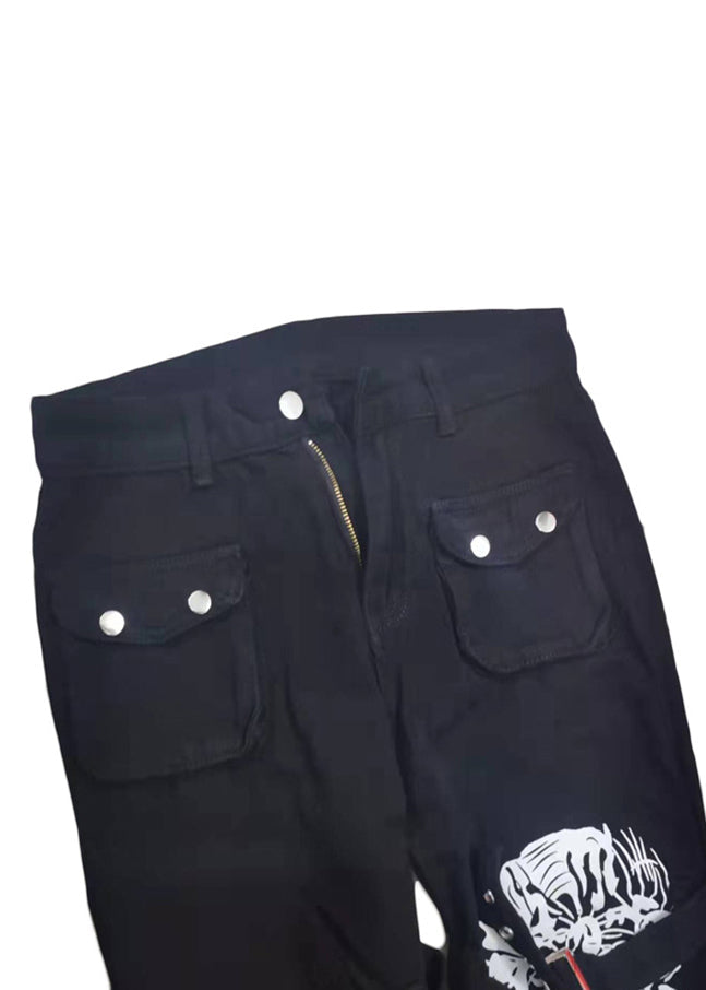 Pantalon en jean noir imprimé été poches uniques bouton