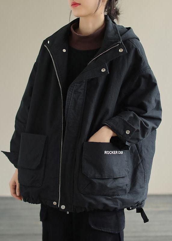 Manteau d'hiver en coton noir unique à manches longues avec poches à capuche QS041