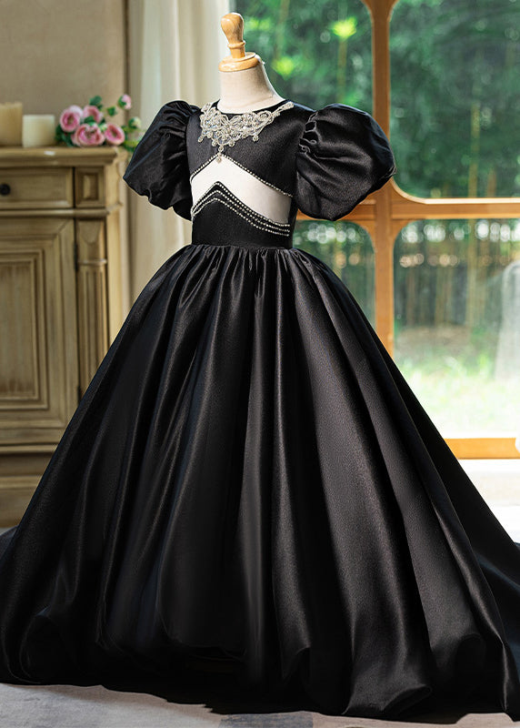 Robe longue d'été noire à col rond et patchwork ajouré en soie pour fille YG016