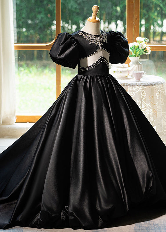 Robe longue d'été noire à col rond et patchwork ajouré en soie pour fille YG016