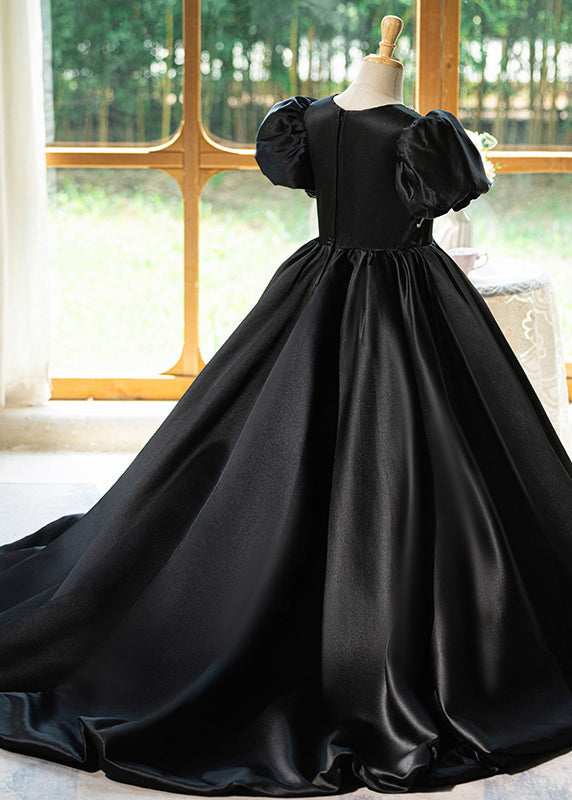 Robe longue d'été noire à col rond et patchwork ajouré en soie pour fille YG016