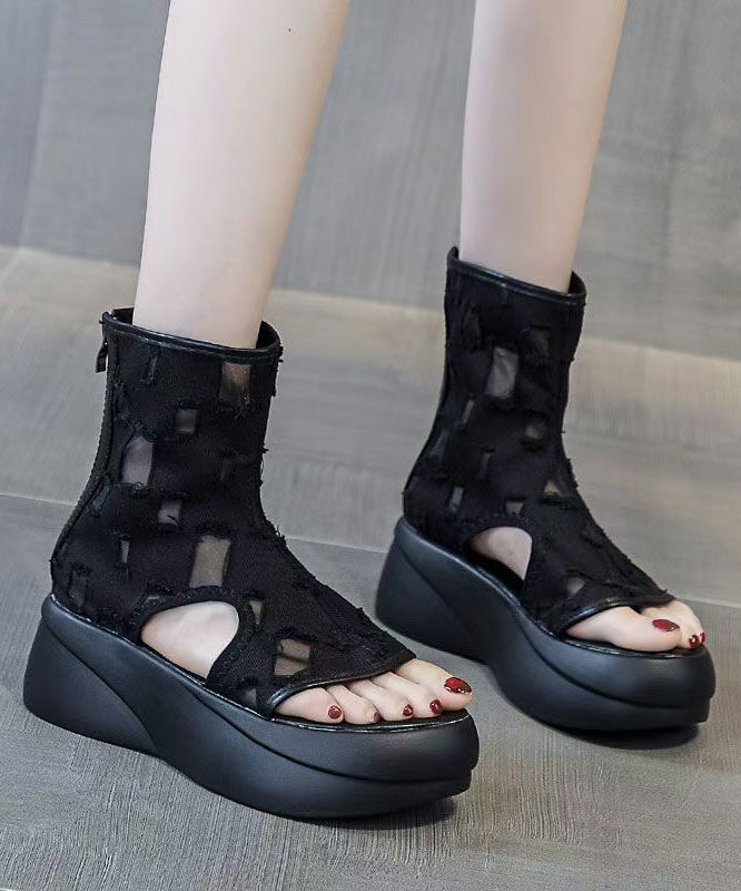 Unique Black Platform Cowboy Boots Hollow Out Flip Flops YC024