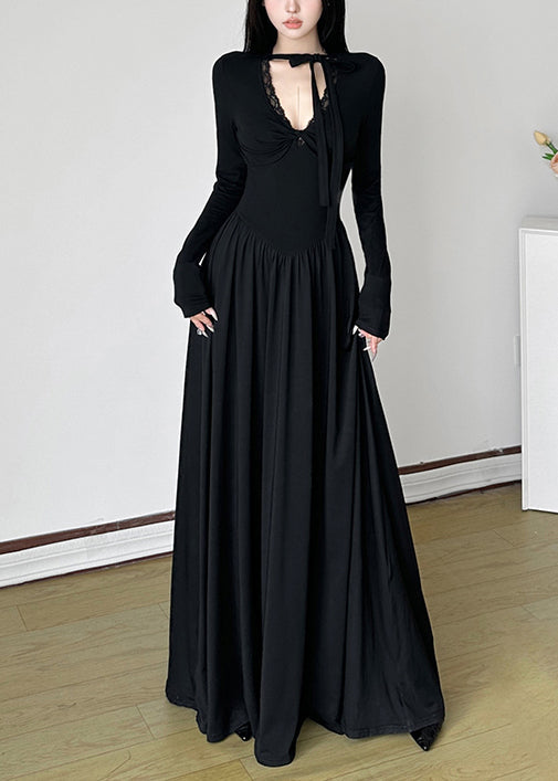 Robe longue noire unique à col en V et ourlet extra large, printemps YP006