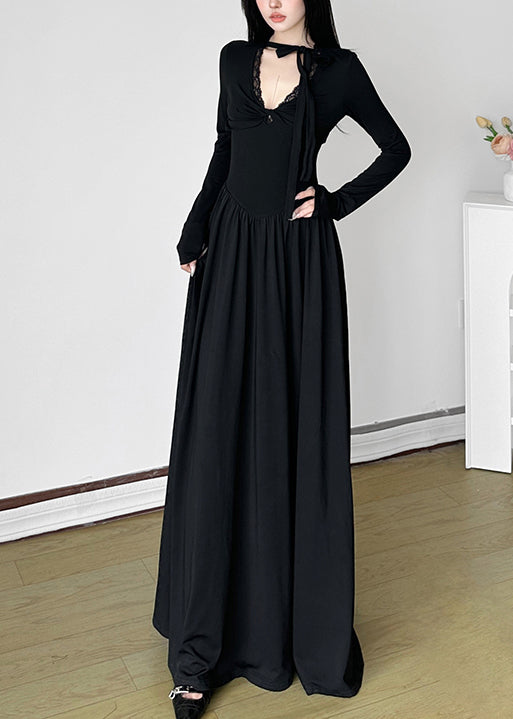 Robe longue noire unique à col en V et ourlet extra large, printemps YP006