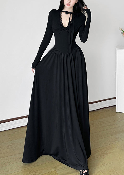 Robe longue noire unique à col en V et ourlet extra large, printemps YP006