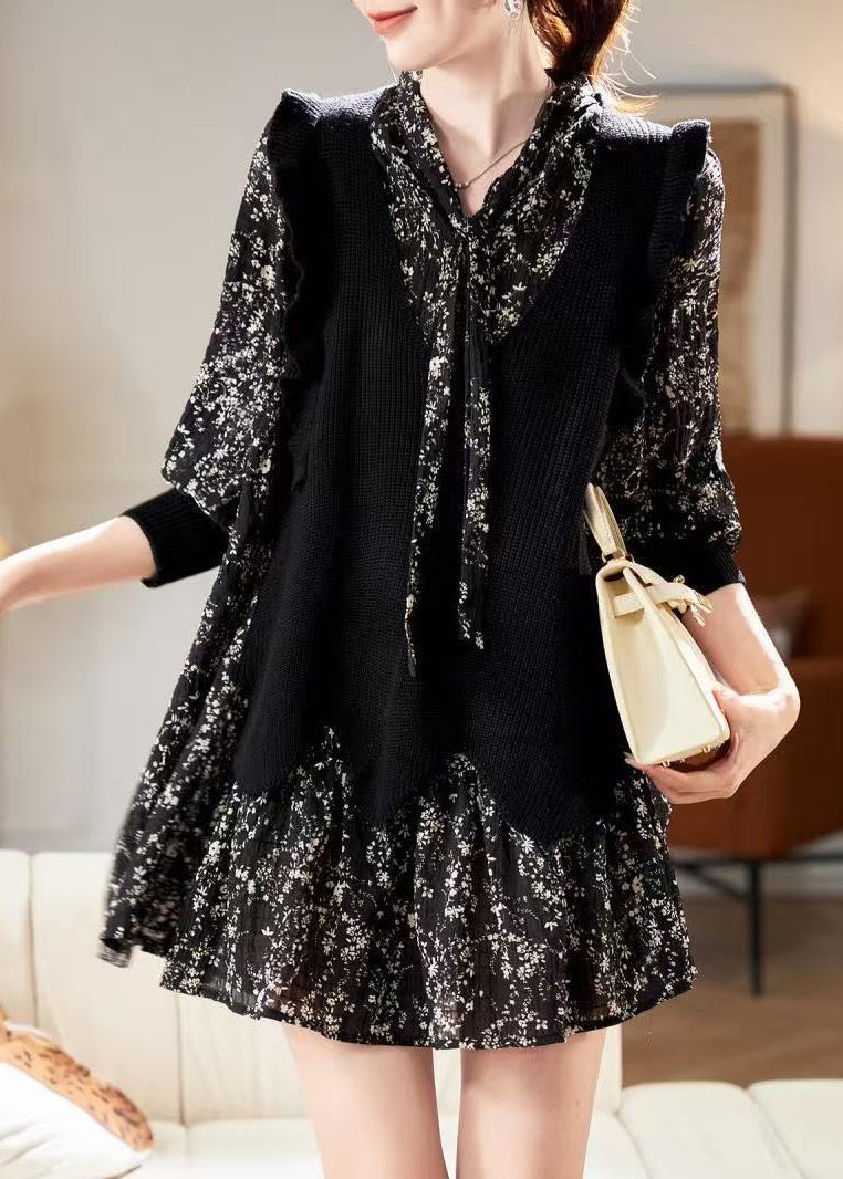 Kleid V-Ausschnitt Schwarz Print Chiffon Einzigartig Frühling Mitte