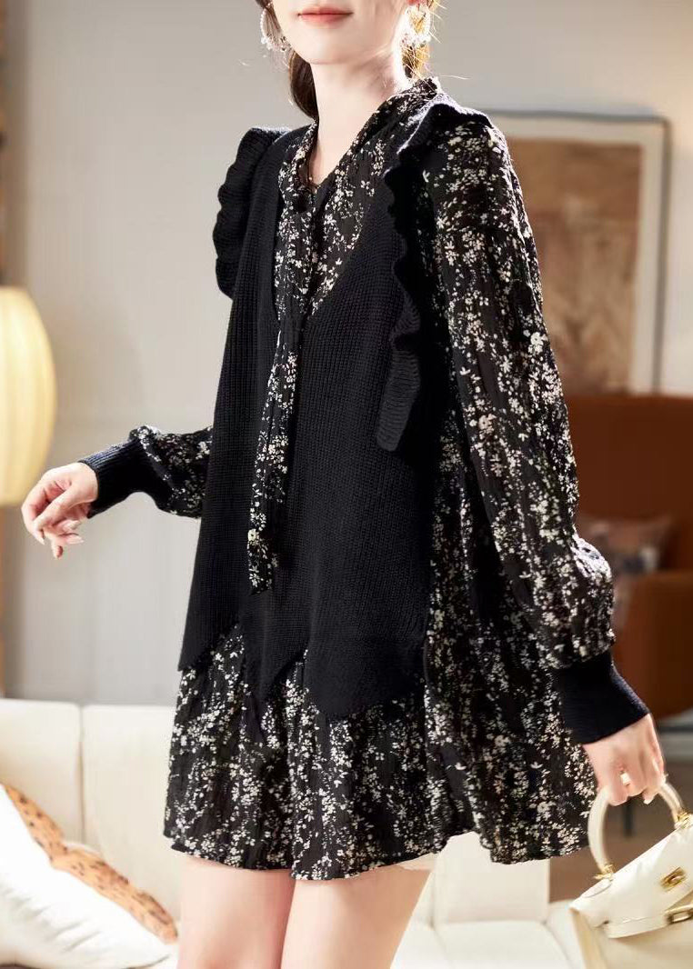 Kleid V-Ausschnitt Schwarz Print Chiffon Einzigartig Frühling Mitte