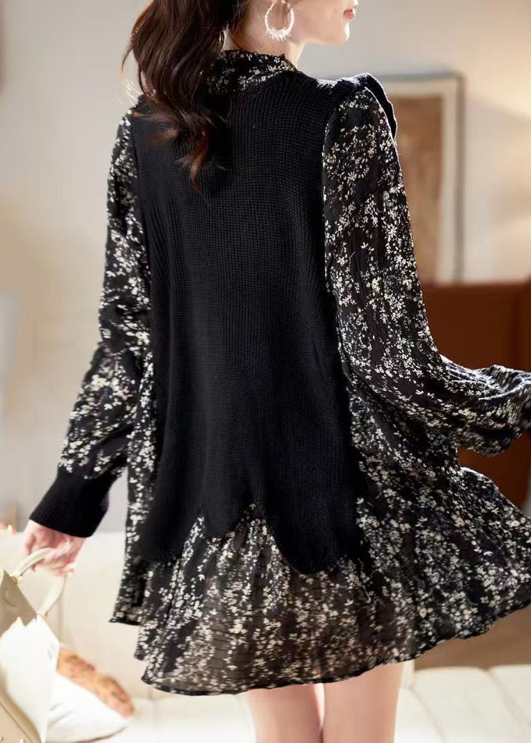 Kleid V-Ausschnitt Schwarz Print Chiffon Einzigartig Frühling Mitte