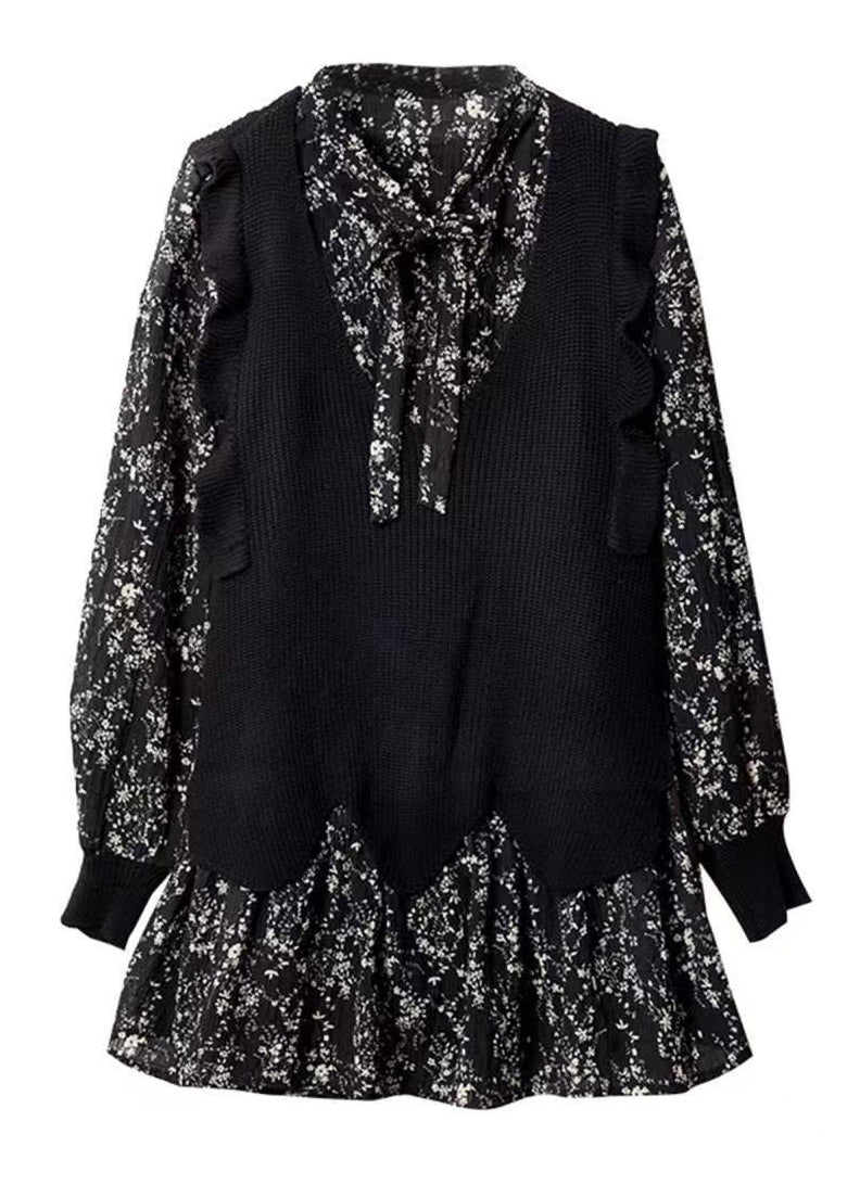 Kleid V-Ausschnitt Schwarz Print Chiffon Einzigartig Frühling Mitte