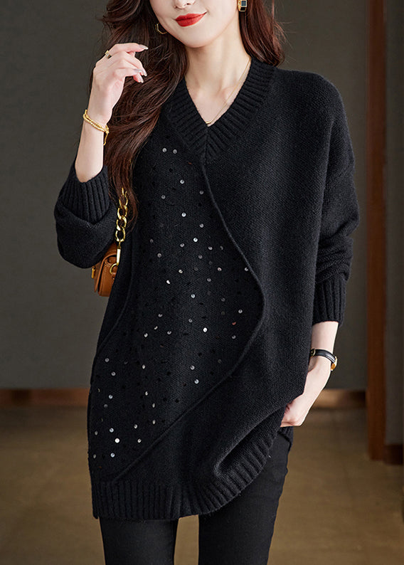 Einzigartiger schwarzer V-Ausschnitt Pailletten Patchwork Wollpullover Frühling TQ031