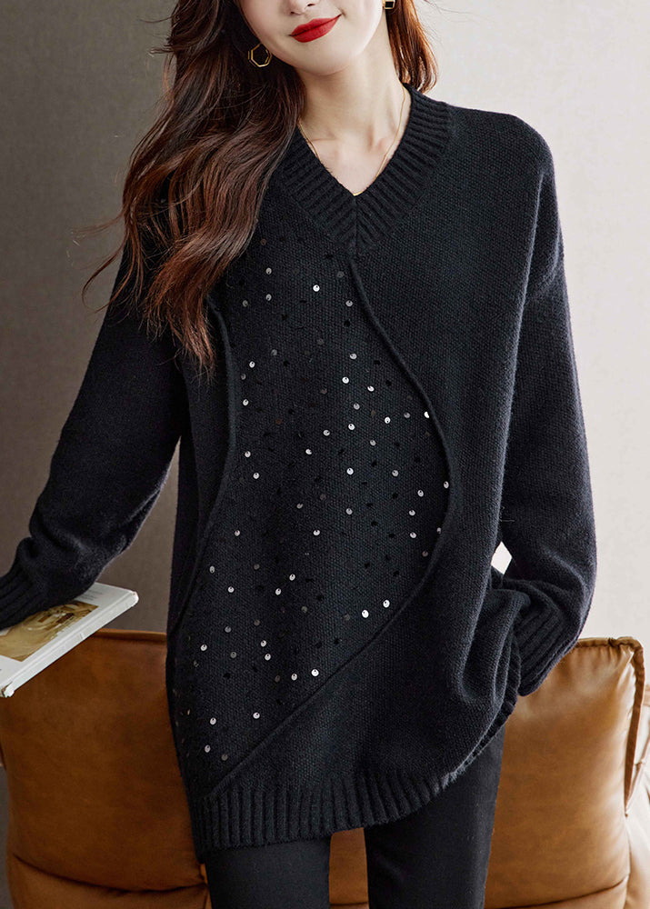 Einzigartiger schwarzer V-Ausschnitt Pailletten Patchwork Wollpullover Frühling TQ031