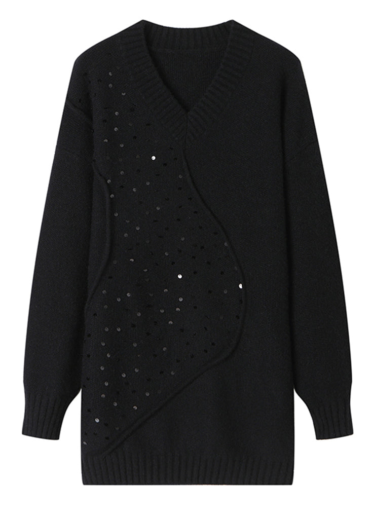 Einzigartiger schwarzer V-Ausschnitt Pailletten Patchwork Wollpullover Frühling TQ031