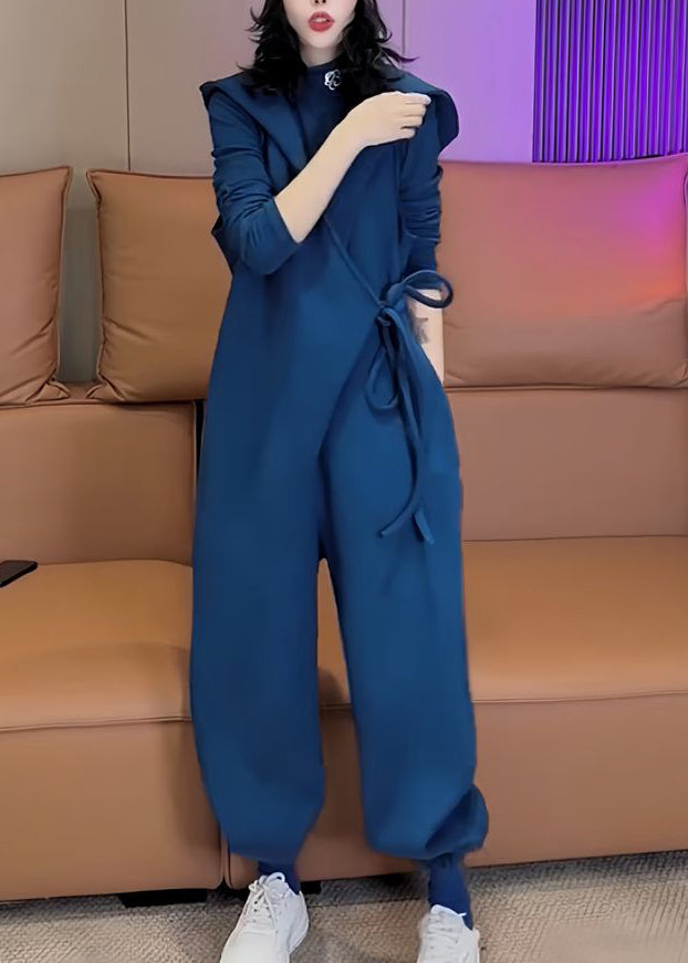 Unique Blauer warmer Fleece-Overall mit Kapuze und Schnürung, Frühling YY037