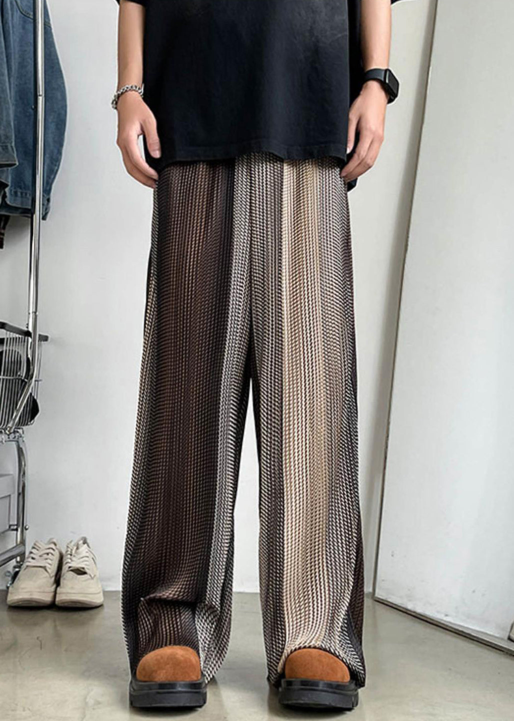 Pantalon en soie à jambes larges et taille élastique pour homme, patchwork, glace, marron unique