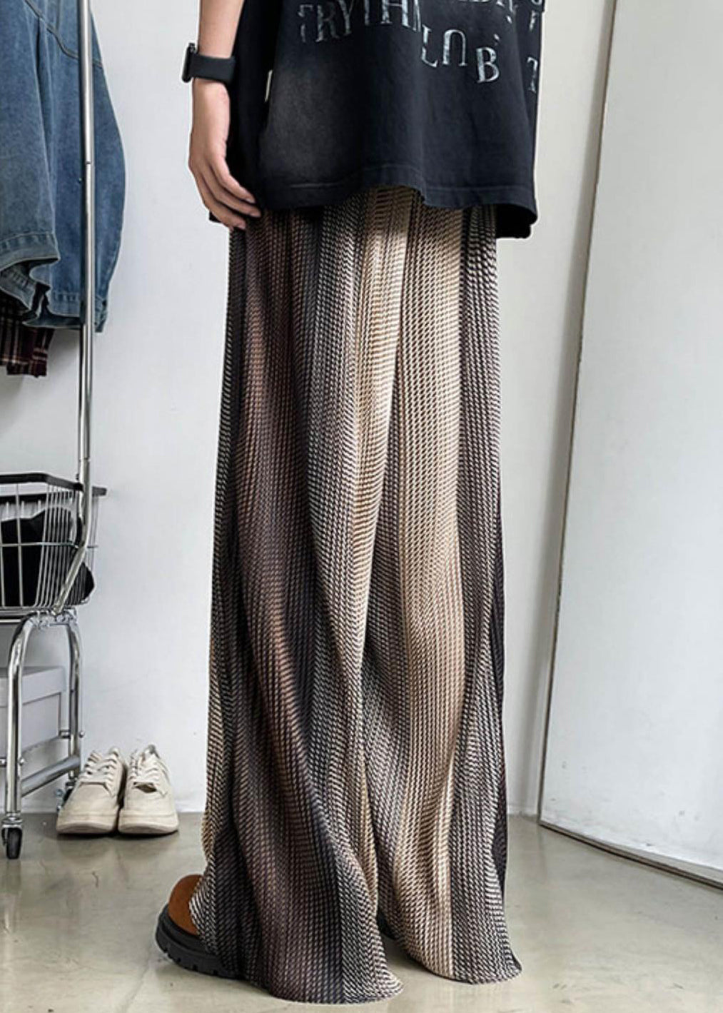 Pantalon en soie à jambes larges et taille élastique pour homme, patchwork, glace, marron unique
