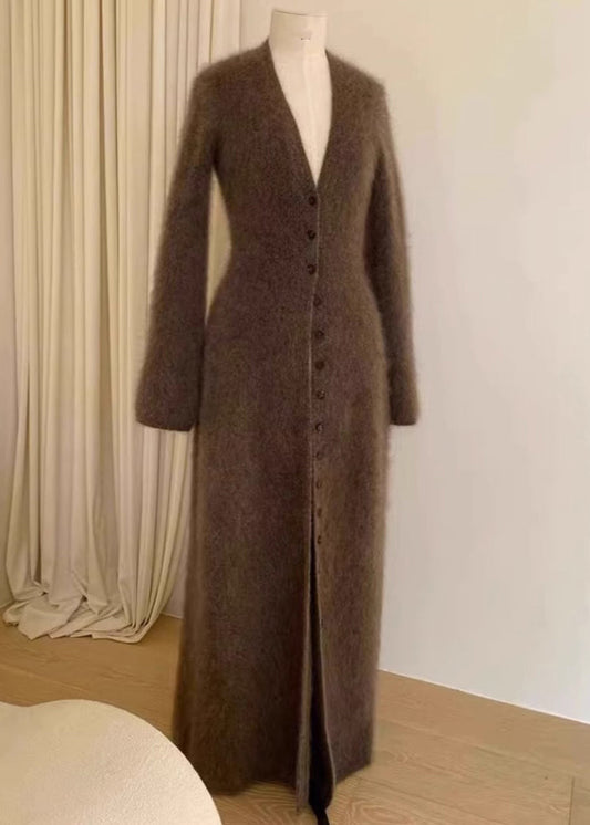 Cardigan tricoté en poils de vison marron unique, col en V, boutonné, automne RL009