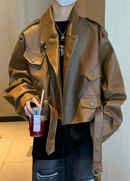 Manteau en similicuir pour homme, design original, motif clous café, printemps RN026