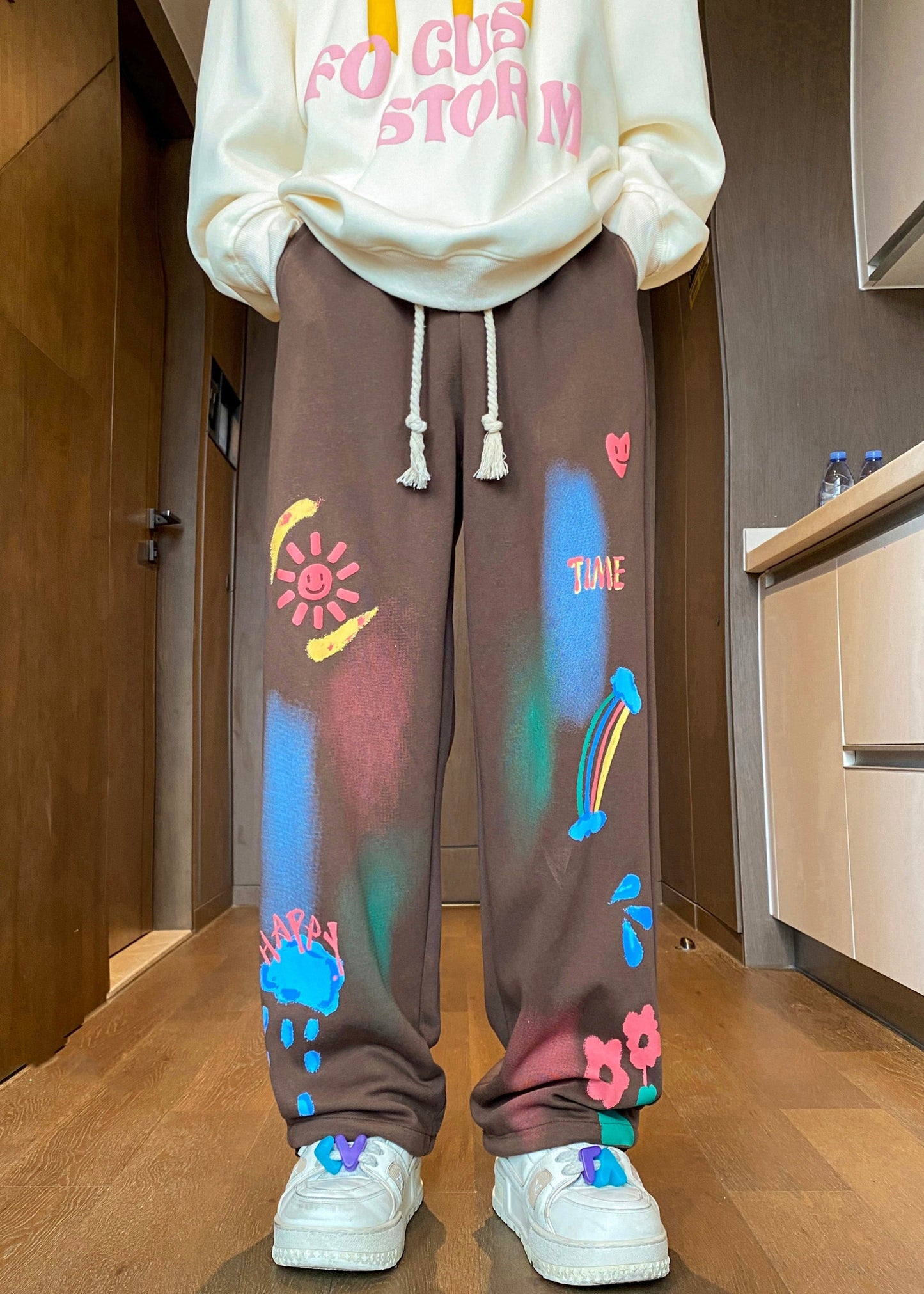 Einzigartige Kaffeedruck-Baumwollhose mit elastischer Taille für Herren im Herbst WA062