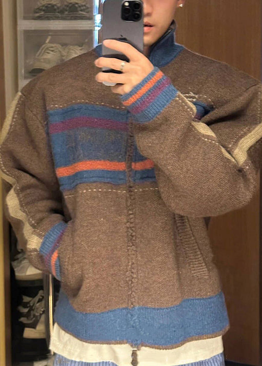 Cardigan en tricot patchwork rayé à fermeture éclair pour homme, couleur café unique, printemps TK003