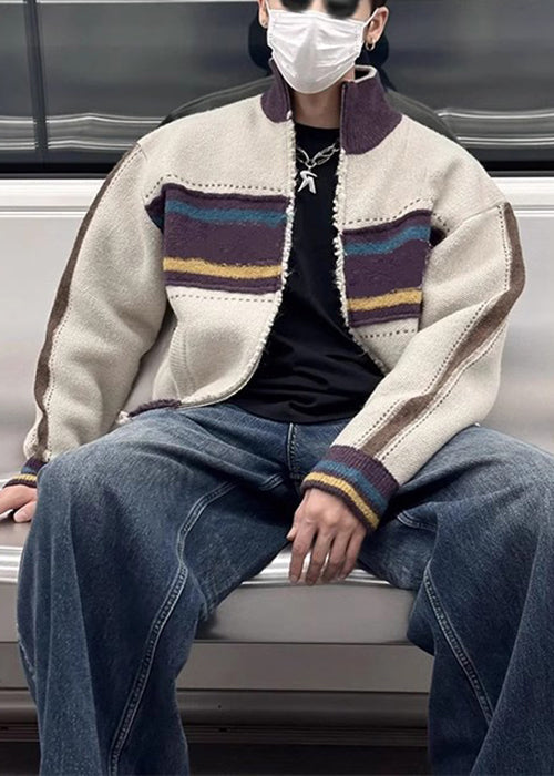 Cardigan en tricot patchwork rayé à fermeture éclair pour homme, couleur café unique, printemps TK003