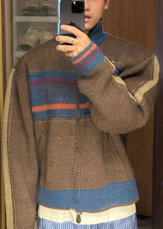 Cardigan en tricot patchwork rayé à fermeture éclair pour homme, couleur café unique, printemps TK003