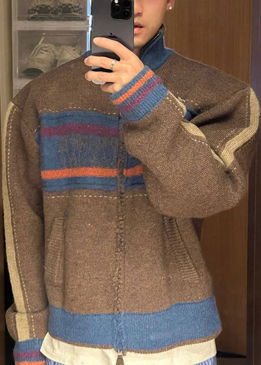 Cardigan en tricot patchwork rayé à fermeture éclair pour homme, couleur café unique, printemps TK003
