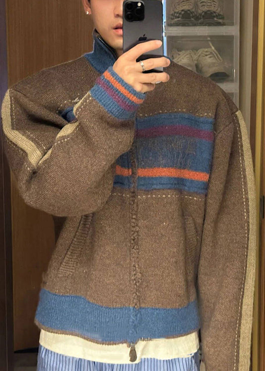 Cardigan en tricot patchwork rayé à fermeture éclair pour homme, couleur café unique, printemps TK003