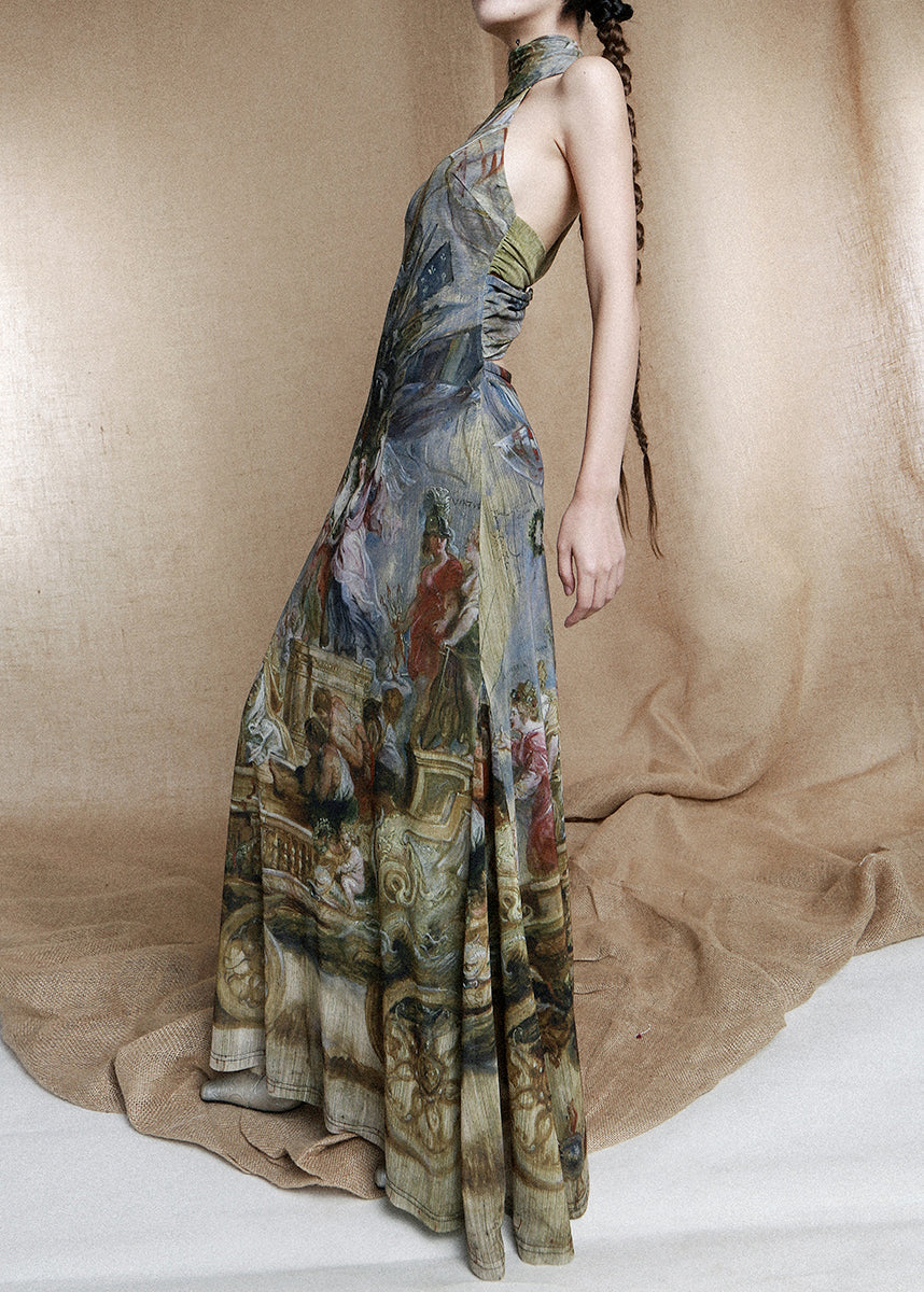 Robe longue en coton à imprimé color block et col roulé sans manches AH546