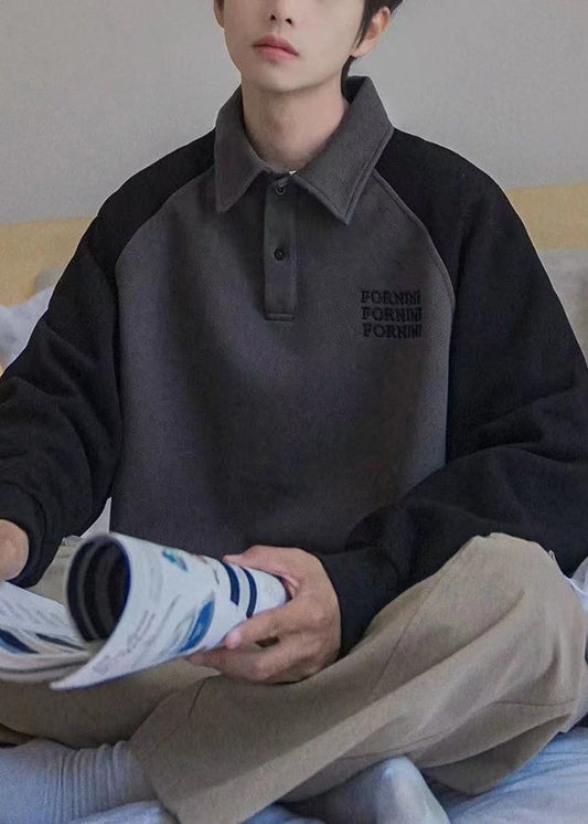 Sweat-shirt polaire chaud gris foncé à col Peter Pan pour homme, motif patchwork, automne EQ006