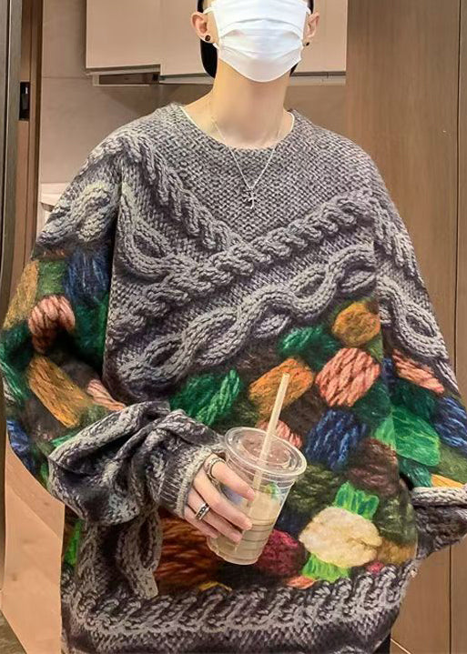 Einzigartiger grün bedruckter Zopfmuster-Pullover für Herren im Herbst QH034