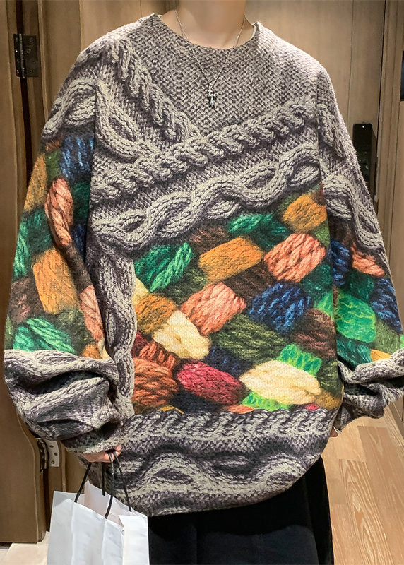 Einzigartiger grün bedruckter Zopfmuster-Pullover für Herren im Herbst QH034