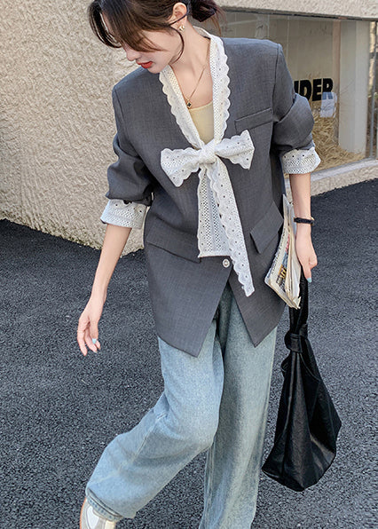 Einzigartige graue übergroße Patchwork-Spitzenmäntel Frühling YO17