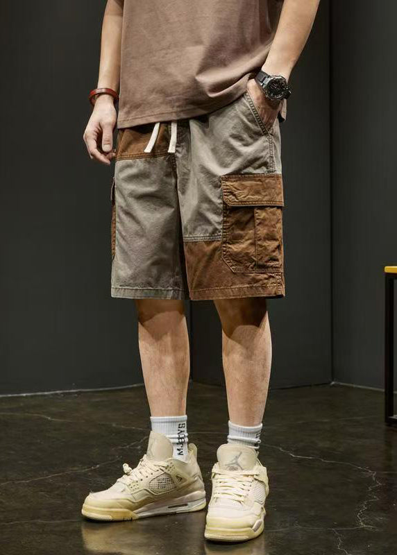 Short élastique à poches uniques en coton gris avec taille patchwork pour homme