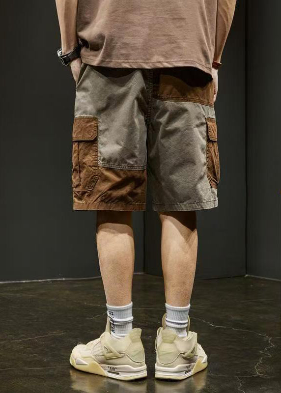 Short élastique à poches uniques en coton gris avec taille patchwork pour homme