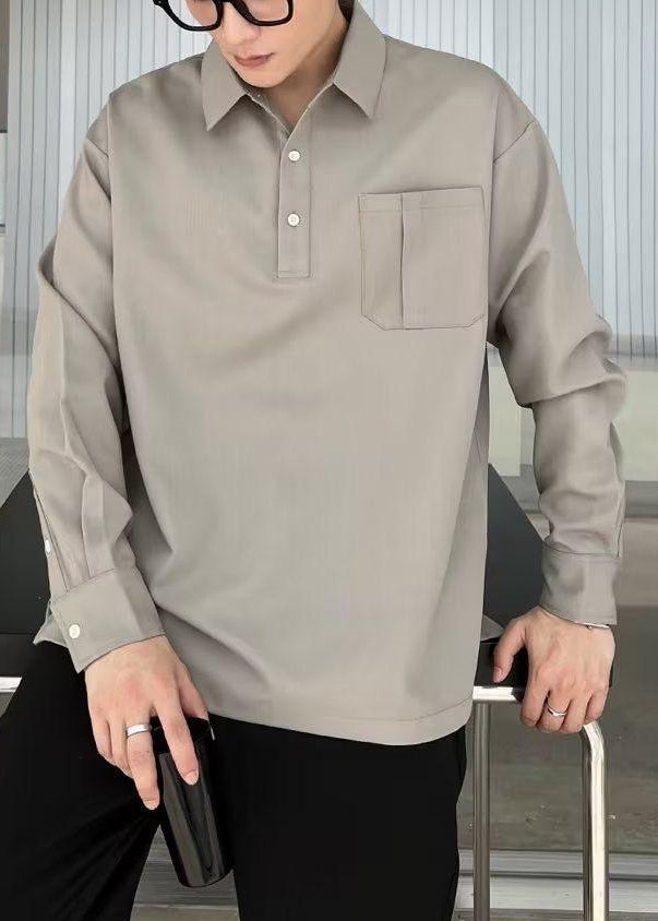 Polo homme en coton patchwork gris à poches uniques, automne EQ016