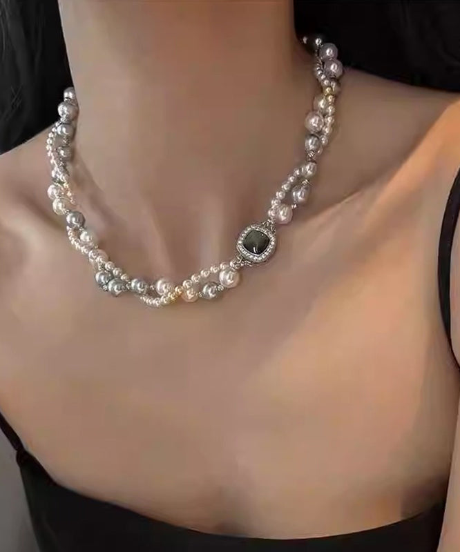 Einzigartige Halskette aus grauer Sterlingsilberlegierung mit Zirkonia und zweilagiger Perle QJ038
