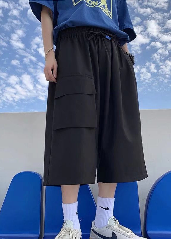 Pantalon court en soie glacée pour homme avec poches kaki et patchwork à taille élastique YT007