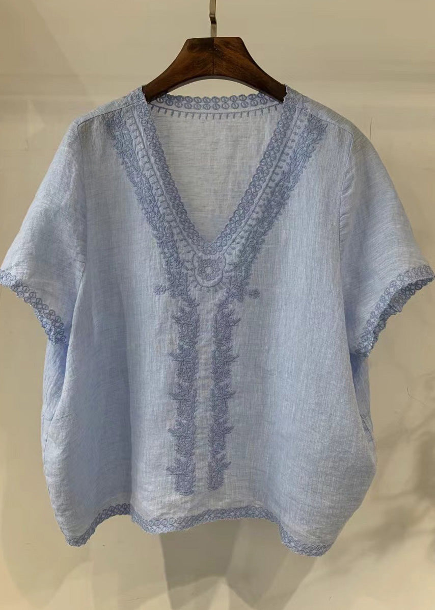 Chemise d'été en lin à col léger et broderie en V, bleu