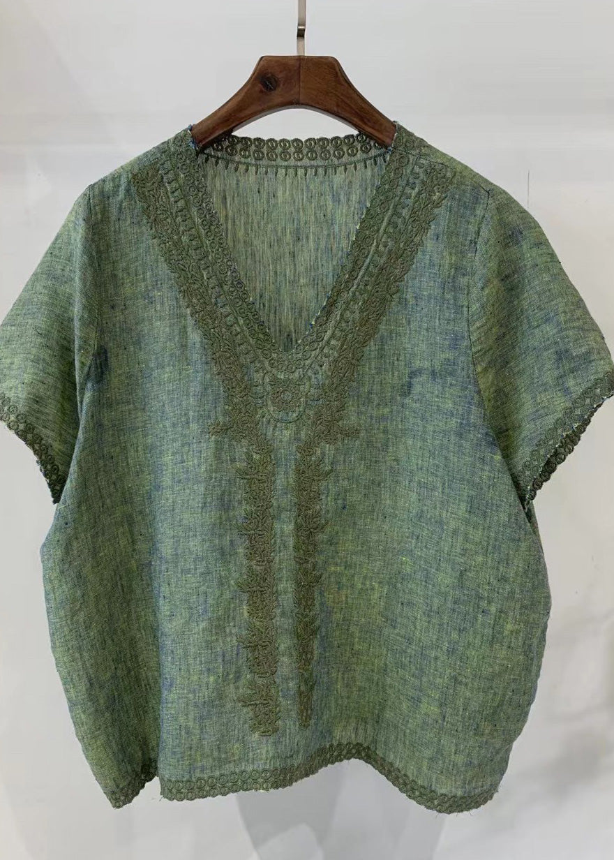 Chemise d'été en lin à col léger et broderie en V, bleu