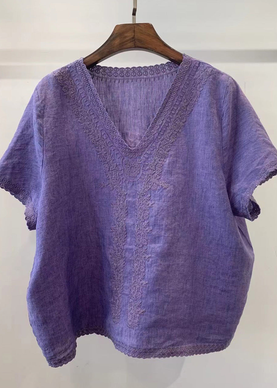 Chemise d'été en lin à col léger et broderie en V, bleu