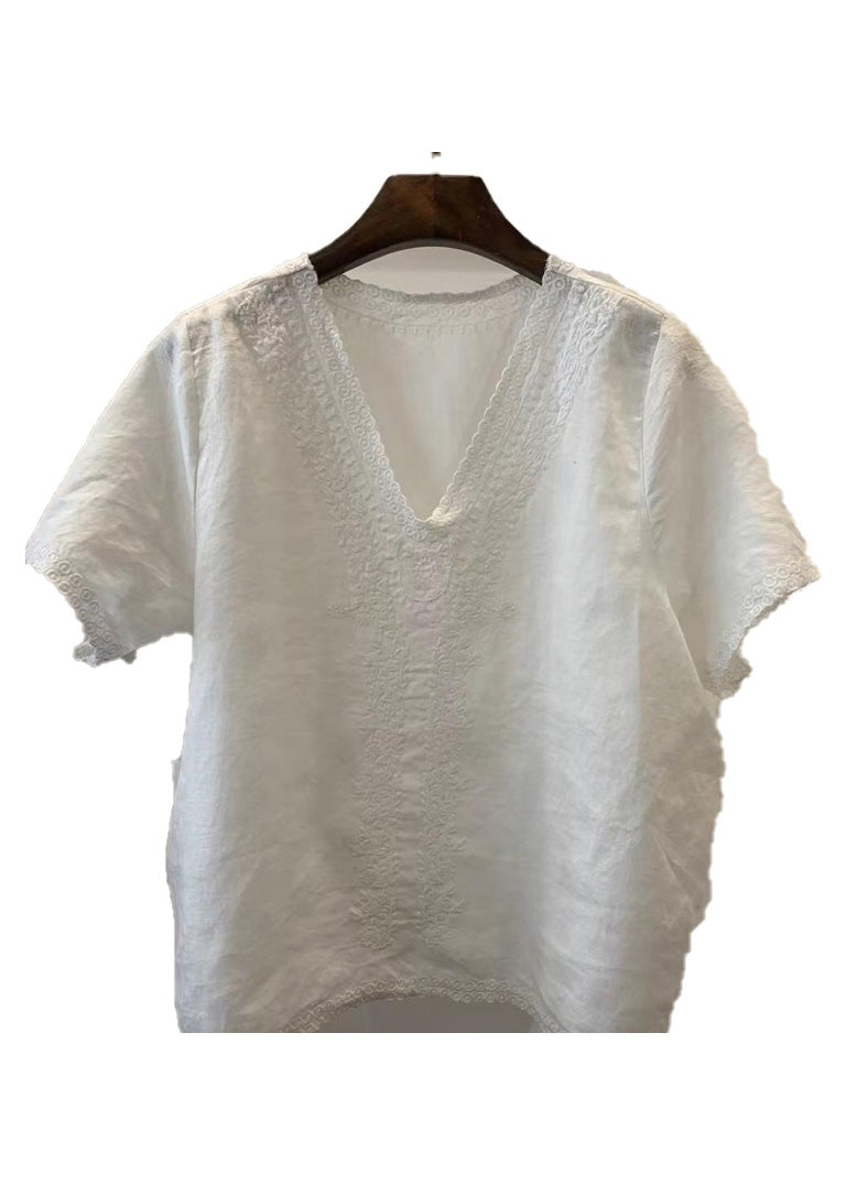 Chemise d'été en lin à col léger et broderie en V, bleu