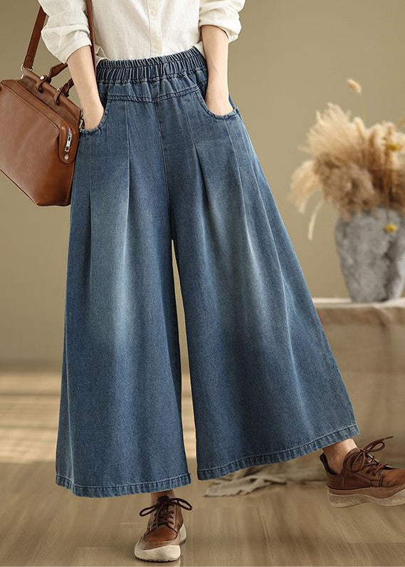 Marineblaue elastische Taille Sommer Bein Weite Hose Einzigartiger Wrinkled Denim