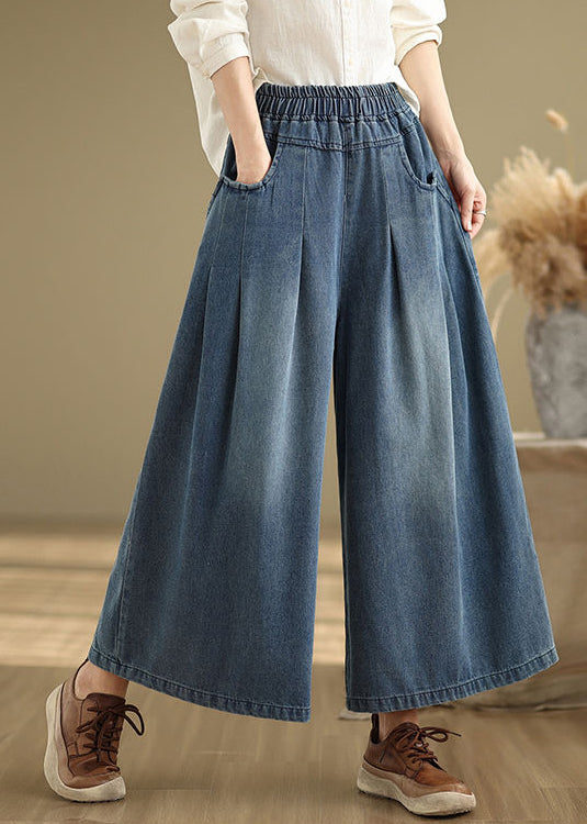 Marineblaue elastische Taille Sommer Bein Weite Hose Einzigartiger Wrinkled Denim