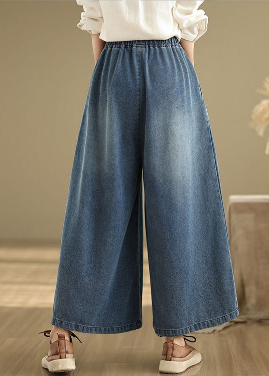 Marineblaue elastische Taille Sommer Bein Weite Hose Einzigartiger Wrinkled Denim